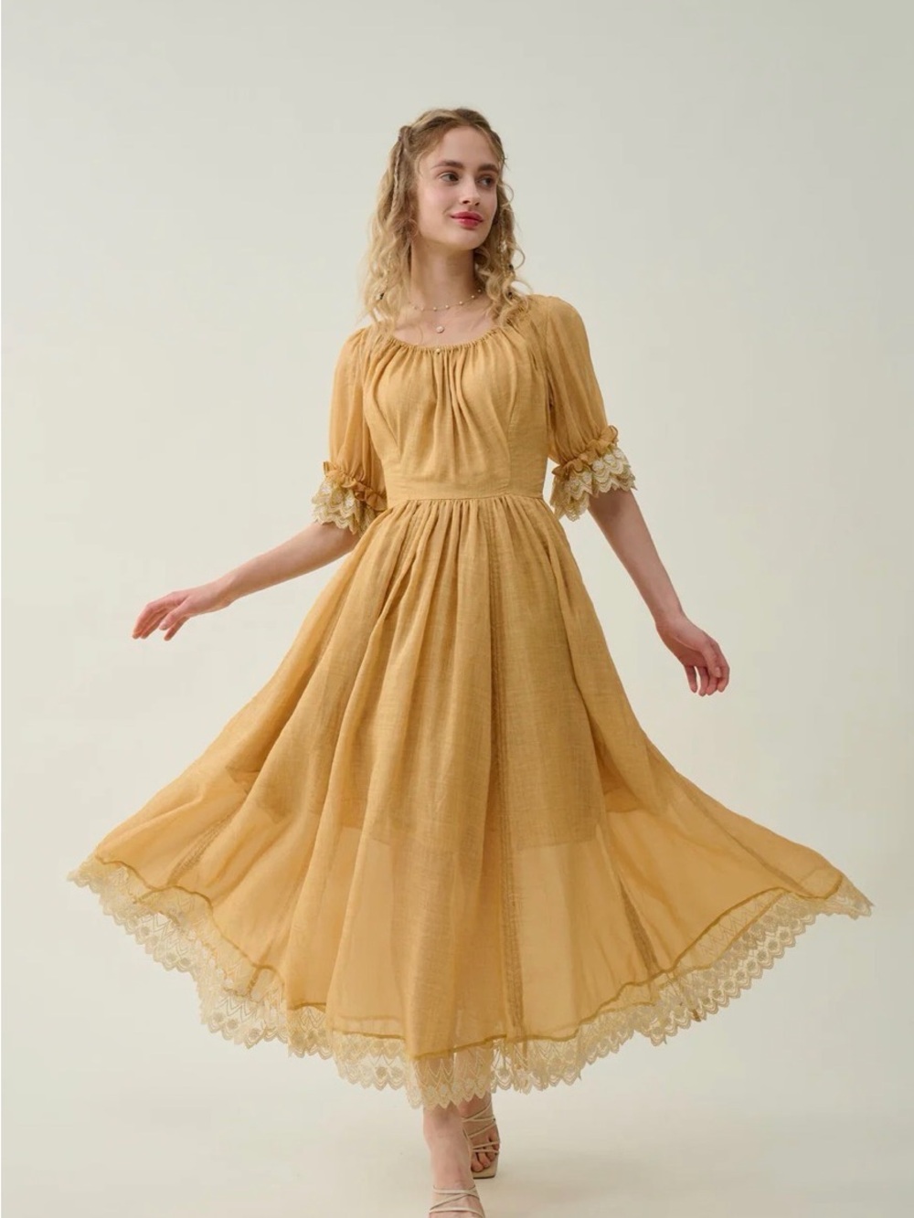 Mustard Yellow Lace Linen Dress - Picture 7 of 8